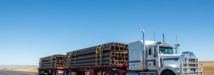 Flatbed semi-truck loaded with steel beams on an open highway