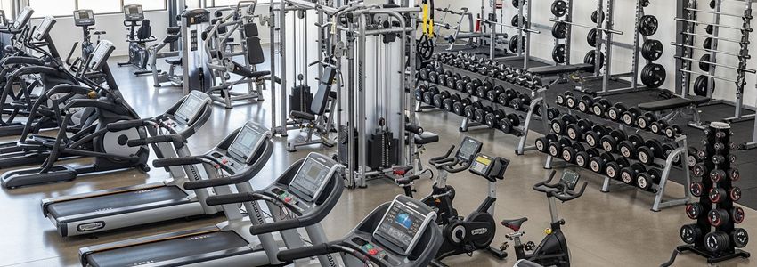 Modern commercial gym interior with rows of treadmills and fitness equipment