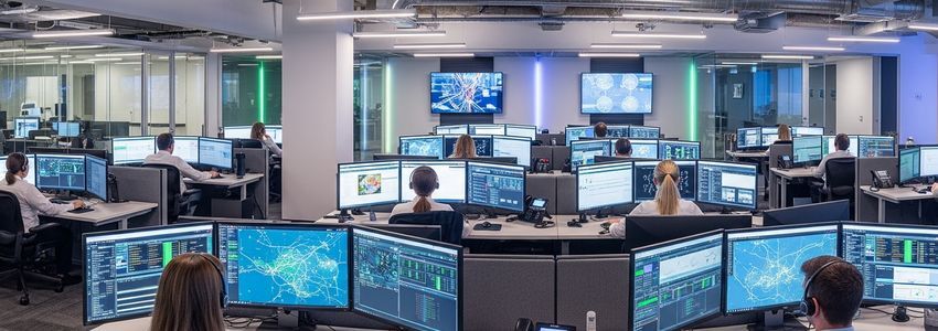 Managed IT services team at network operations center monitoring dashboards