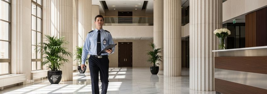 Professional security guard on patrol in corporate office building