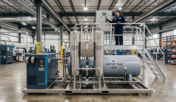 Technician inspecting an industrial PSA nitrogen generator system with buffer tank inside a modern manufacturing facility
