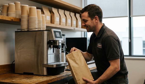 Office coffee service route driver restocking a commercial bean-to-cup brewer in a modern office break room