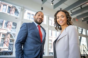 Two people wearing business suits standing together