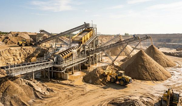 A modern aggregate wash plant at a sand quarry with a sand screw washer, conveyor belts, and piles of clean washed sand under a clear sky