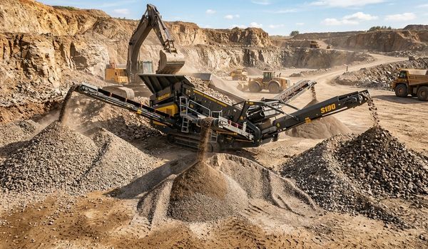 A track-mounted screening plant processing crushed aggregate at a quarry, with an excavator feeding material and conveyors stacking sized rock piles