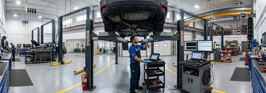 Professional auto repair shop with mechanic on hydraulic lift — auto repair business loans from Crestmont Capital