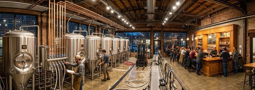 Modern craft brewery interior with fermentation tanks and taproom
