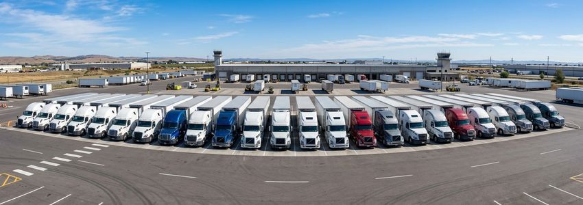 Row of commercial semi trucks financed by Crestmont Capital