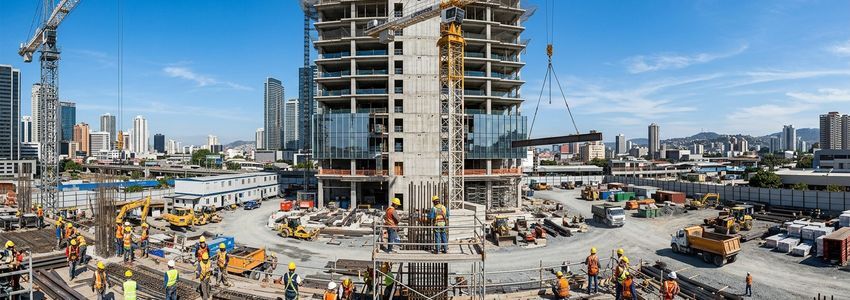 Construction site with crane and workers in hard hats, modern building under construction