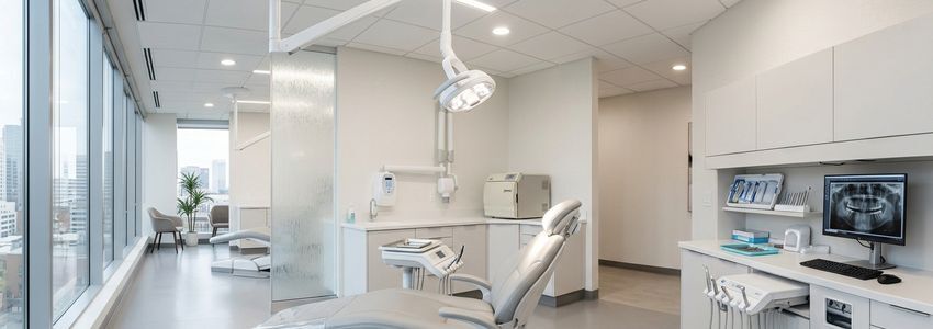 Modern dental office with professional dental chair and clinical equipment