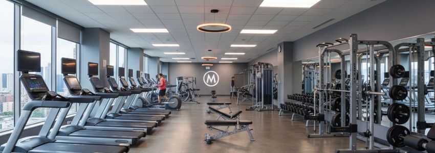 Modern commercial gym interior with rows of treadmills and fitness equipment
