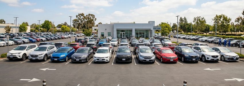 Rental car company fleet lot with rows of vehicles — rental car business loans from Crestmont Capital