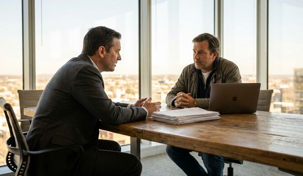 Business finance advisor discussing small business loan options with a business owner across a conference table in a modern office