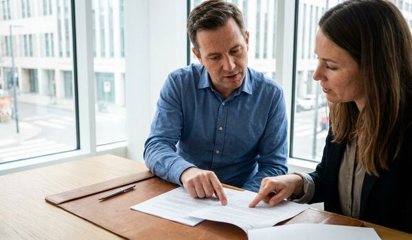 A small business owner and a lending advisor reviewing financing documents together in a bright modern office