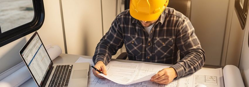 Geothermal installation business owner reviewing financing documents and blueprints in a site office