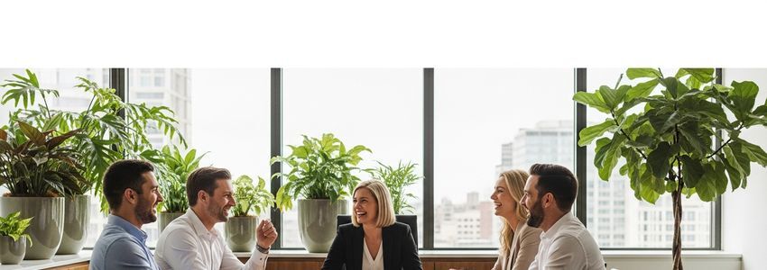 A team of professional educators and business advisors discussing financing options for a homeschool co-op organization in a modern conference room