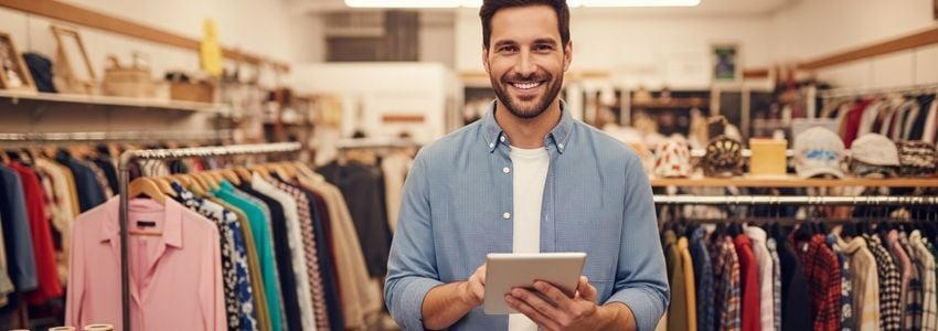 Thrift store owner reviewing business financing documents on a tablet in a resale shop