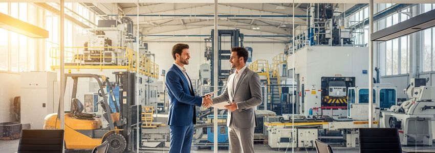 Business owner reviewing equipment financing documents with a financial advisor at a modern office desk