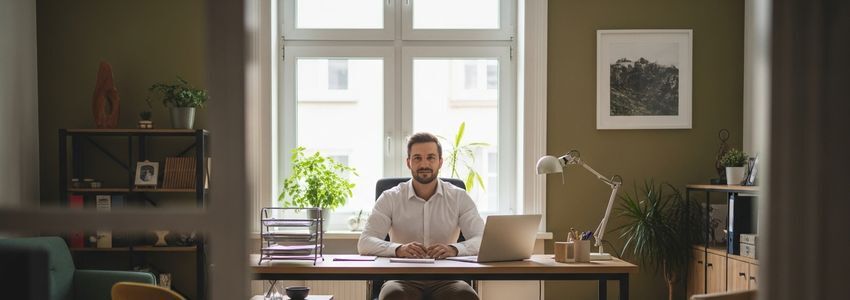 Business owner reviewing SBA loan documents at office desk