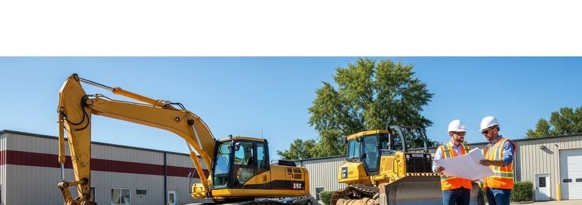 Construction managers reviewing equipment loan documents at a commercial site with heavy machinery