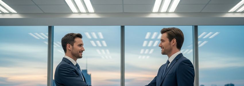 Small business owner reviewing 1-800-GOT-JUNK? franchise financing documents with a financial advisor in a modern office setting