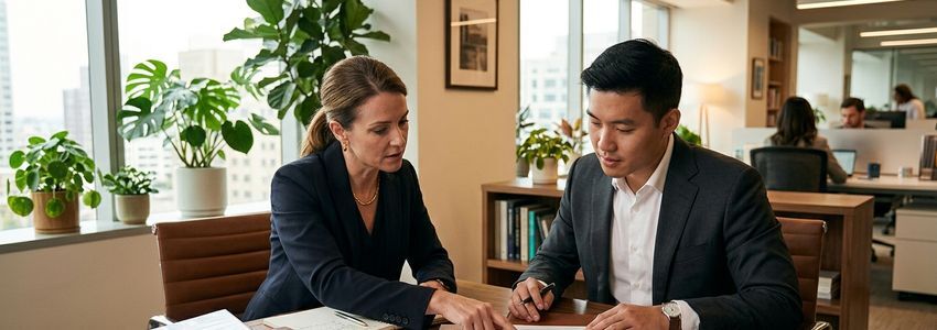Business professionals reviewing loan documents at a conference table for fast business funding