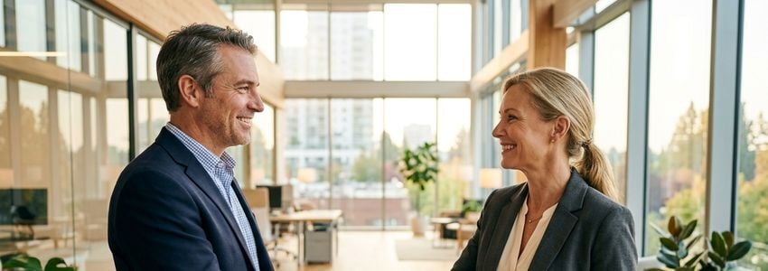 Small business owner and financial advisor discussing a $2,500 micro business loan in a modern office