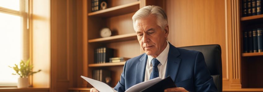 Business executive reviewing $2 million commercial loan documents in a professional corporate office setting