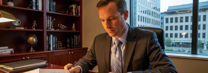 Financial executive reviewing a 364-day credit facility agreement in a corporate office