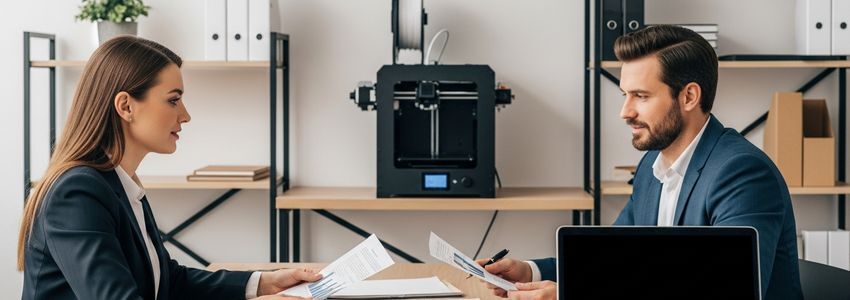 Business owner discussing 3D printer financing options with an advisor