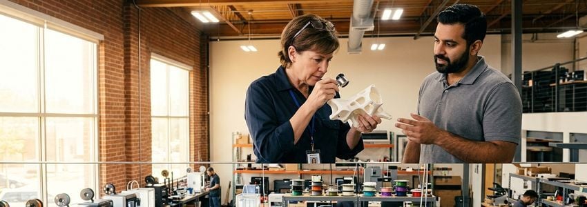Business owner monitoring a row of industrial 3D printers in a production print farm facility