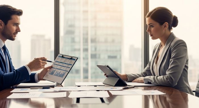 Business professionals reviewing loan documents for a $400,000 business loan