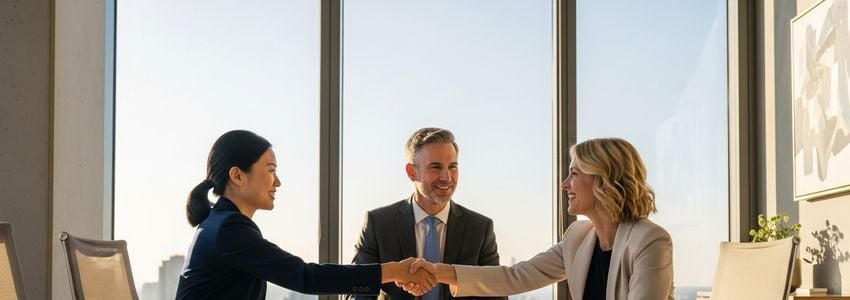 Business professionals discussing a $500,000 business loan agreement in a modern conference room