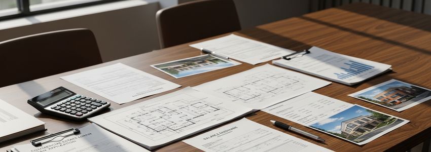 $5 million commercial real estate loan documents and blueprints on conference table