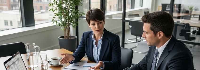 Business professionals reviewing $600,000 loan options at a conference table