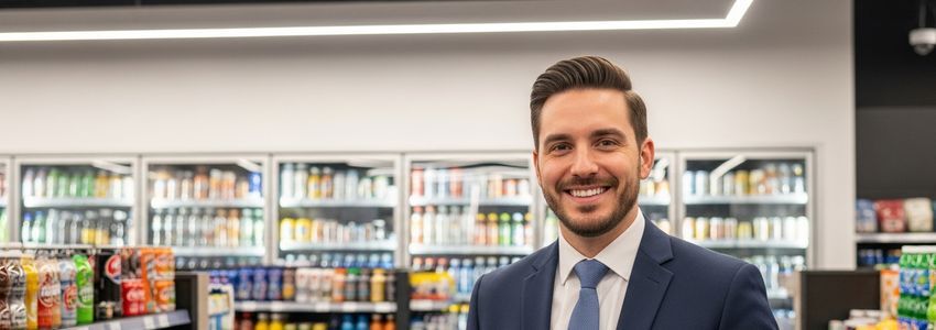 Franchise business owner standing inside a modern convenience store reviewing financing options