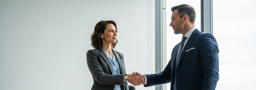 Two business professionals shaking hands after securing an $800,000 business loan approval