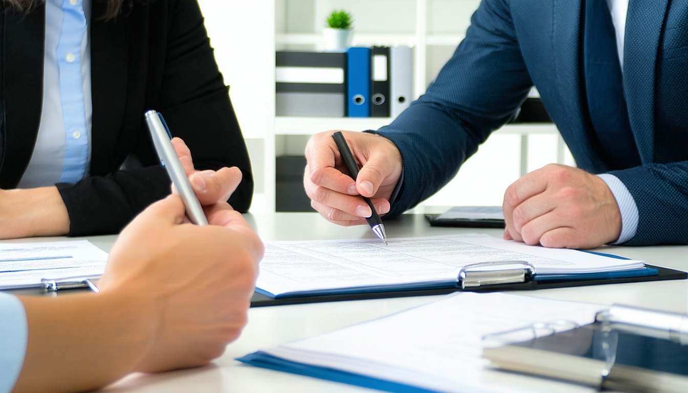  Business owner interviewing candidates with hiring plan on desk.