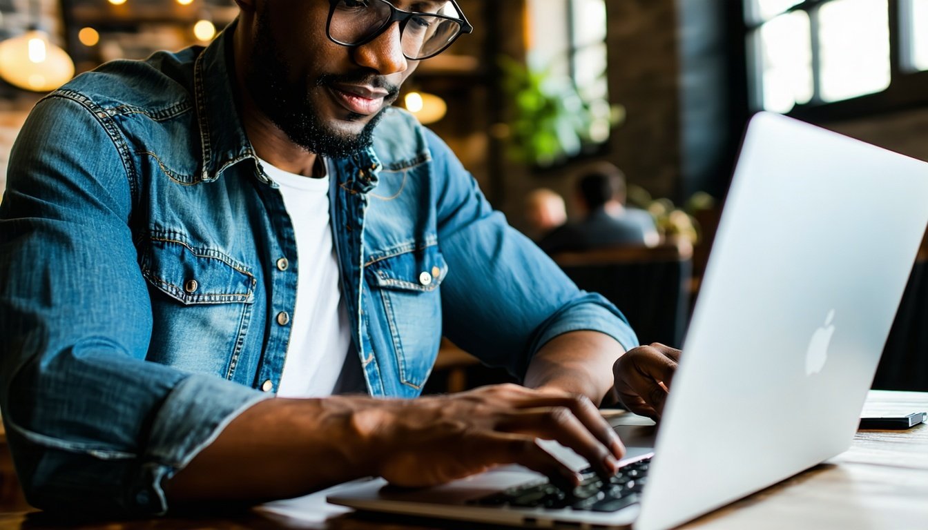 Business owner reviewing online loan offers on a laptop.