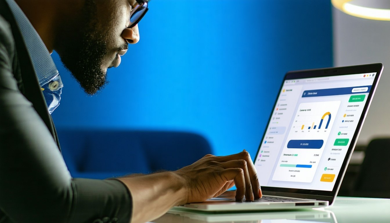 Business owner using a laptop to apply for a loan on a fintech platform