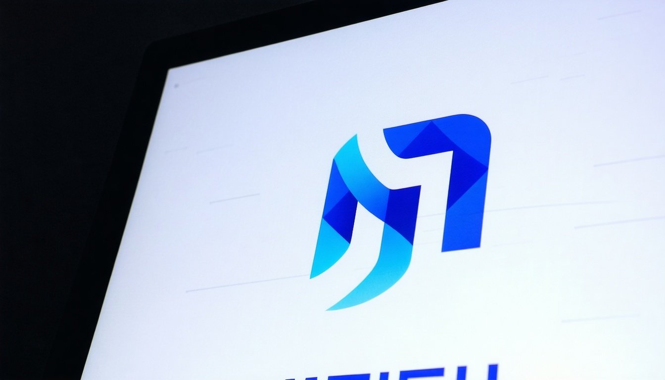 Close-up of new company logo design on digital presentation.