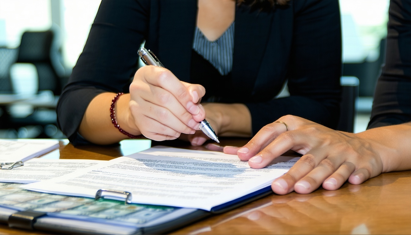 Financial advisor helping small business owner review loan terms.