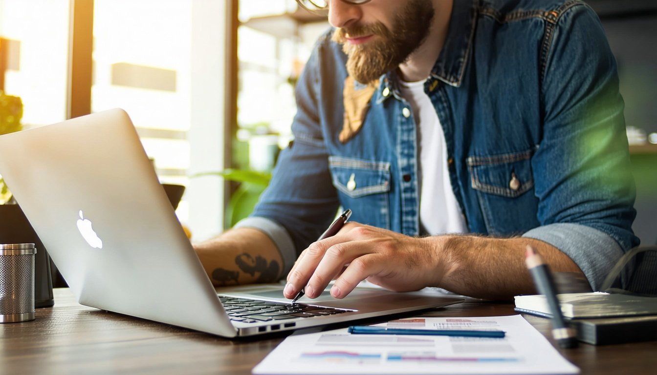 Small business owner applying for an online loan on a secure, encrypted website to protect sensitive financial information.