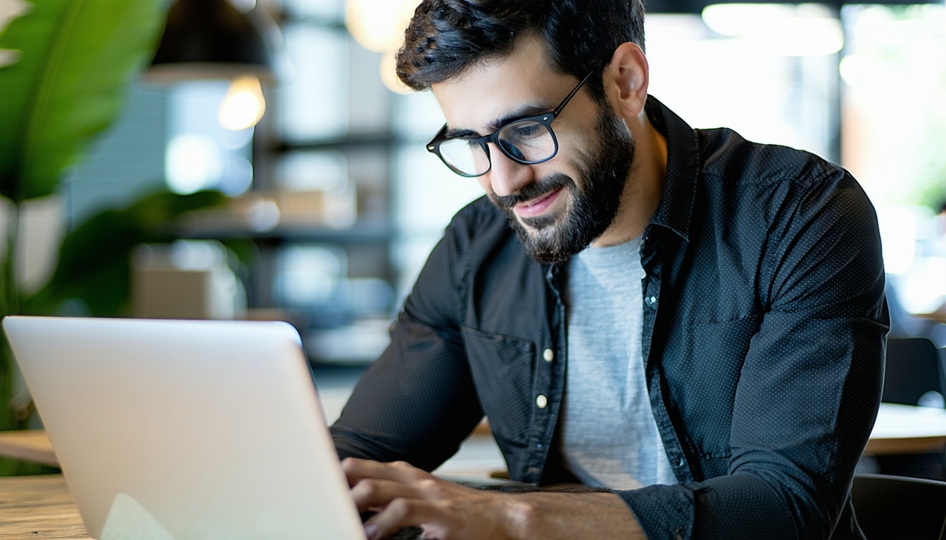 Small business owner reviewing new technology options on a laptop.