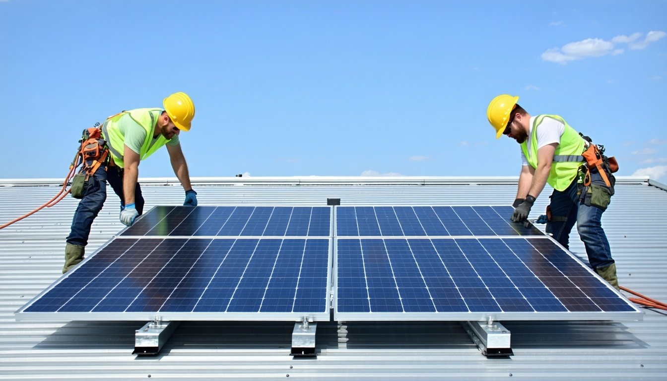 Technicians installing solar panels on a commercial roof