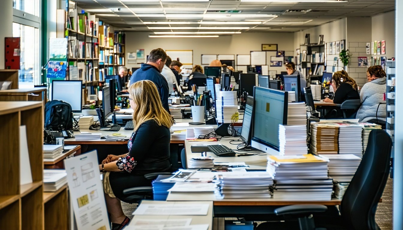 The image depicts a bustling small business office environment during an inflationary period.