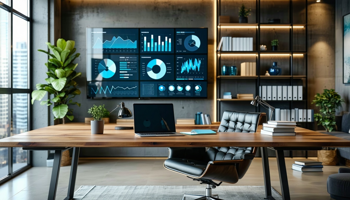 The image depicts a modern office space with a sleek, minimalist design. A large wooden desk sits in the center, adorned with a laptop, a notepad, and a pen, suggesting an ongoing work session. Behind the desk, a stylish ergonomic chair is positioned, inviting comfort during long hours. On the wall, a large screen displays various graphs and statistics, indicating financial data analysis. A potted plant adds a touch of greenery to the scene, while natural light streams through a window, illuminating the space. To the side, a bookshelf filled with neatly arranged business books and documents indicates a commitment to knowledge and professionalism. The overall ambiance is one of focus, productivity, and modern business acumen.