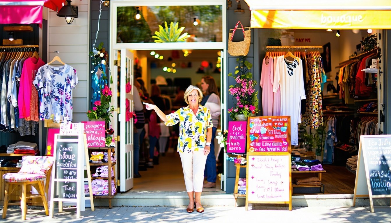 The image depicts a vibrant scene of a small business owner standing proudly in front of their shop, which is adorned with colorful signage and a welcoming entrance