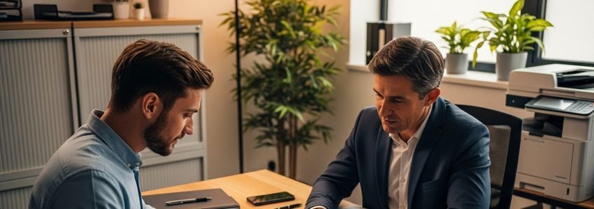 Business professionals reviewing asset-based and cash flow lending documents in a professional office setting