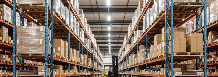 A large commercial warehouse with inventory on pallet racking representing asset collateral in asset-based lending